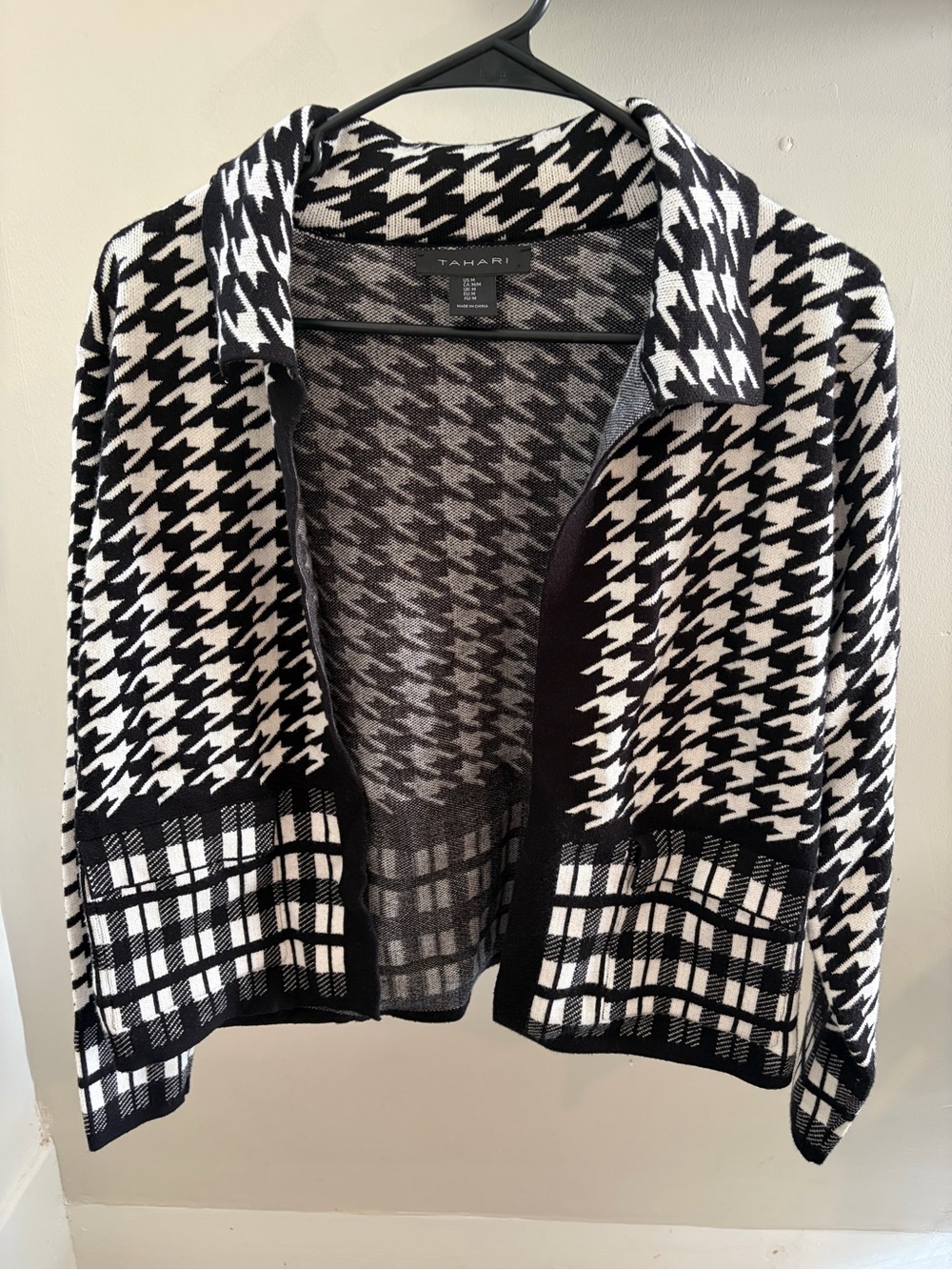 Tahari Black White Houndstooth Plaid Mixed Print Blazer Open Jacket